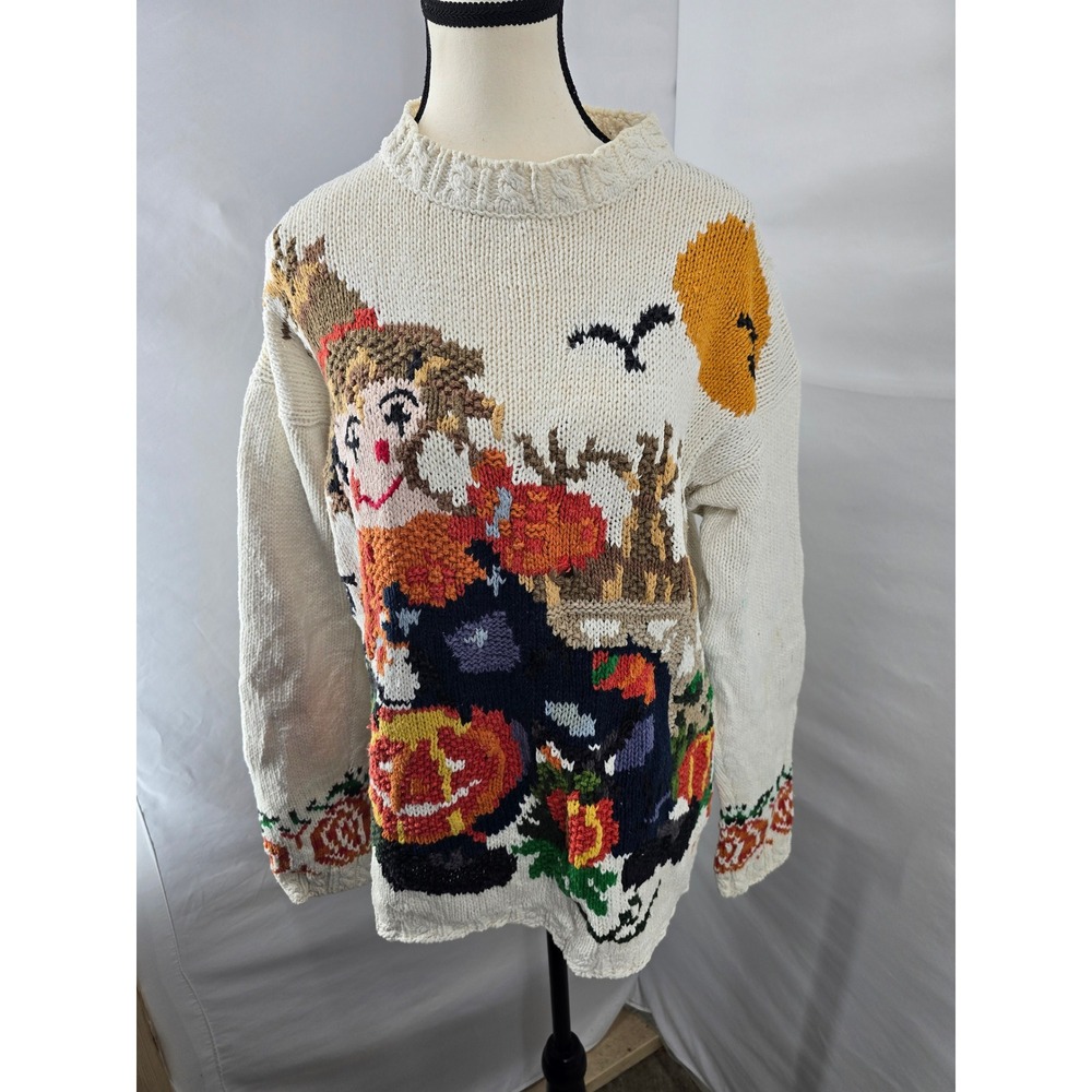 Vintage Crystal Kobe Scarecrow Pumpkin Knit Sweater L Halloween Harvest Cream